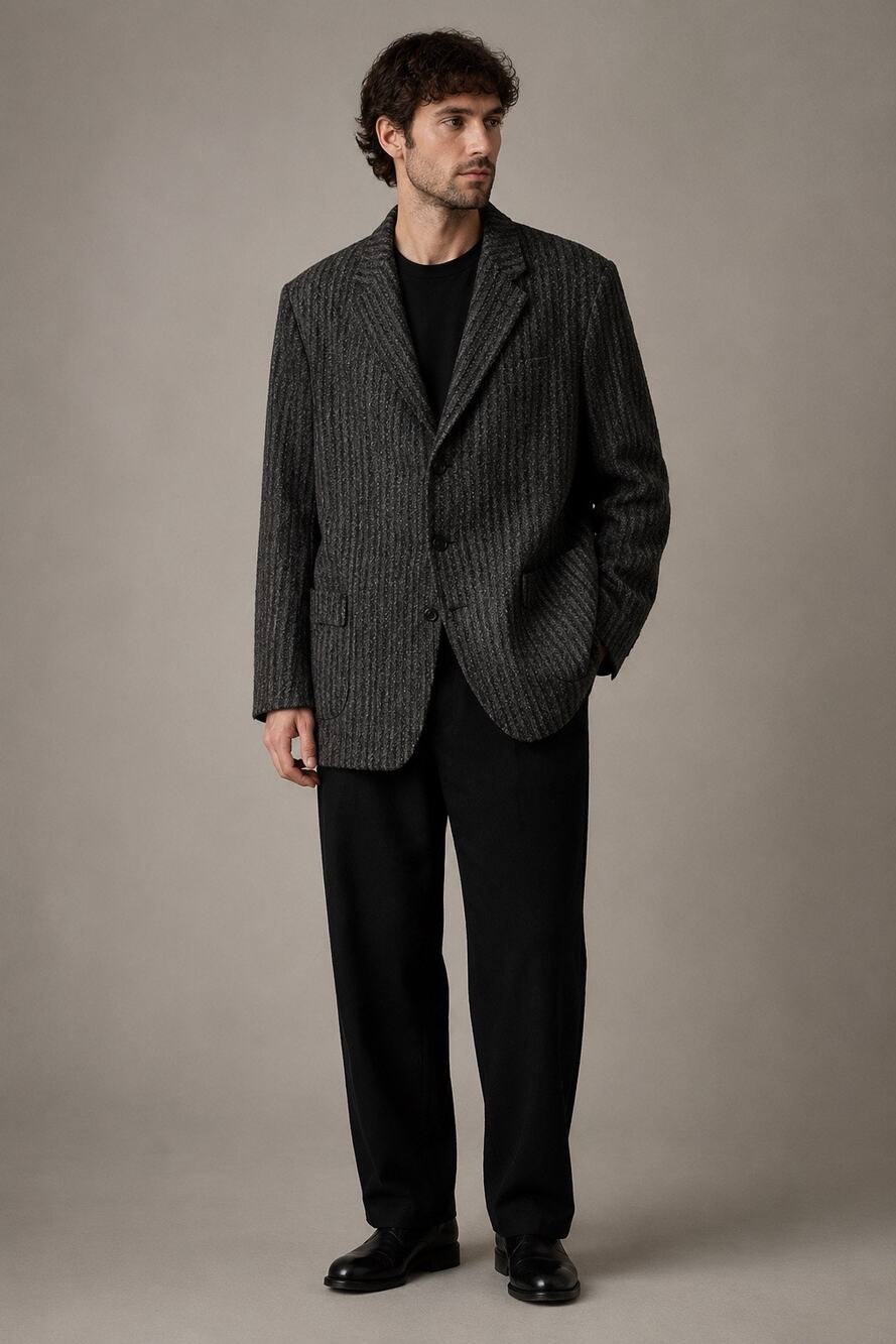Vintage Men’s Charcoal Gray Textured Stripe Blazer Oversized Longline Sport Coat